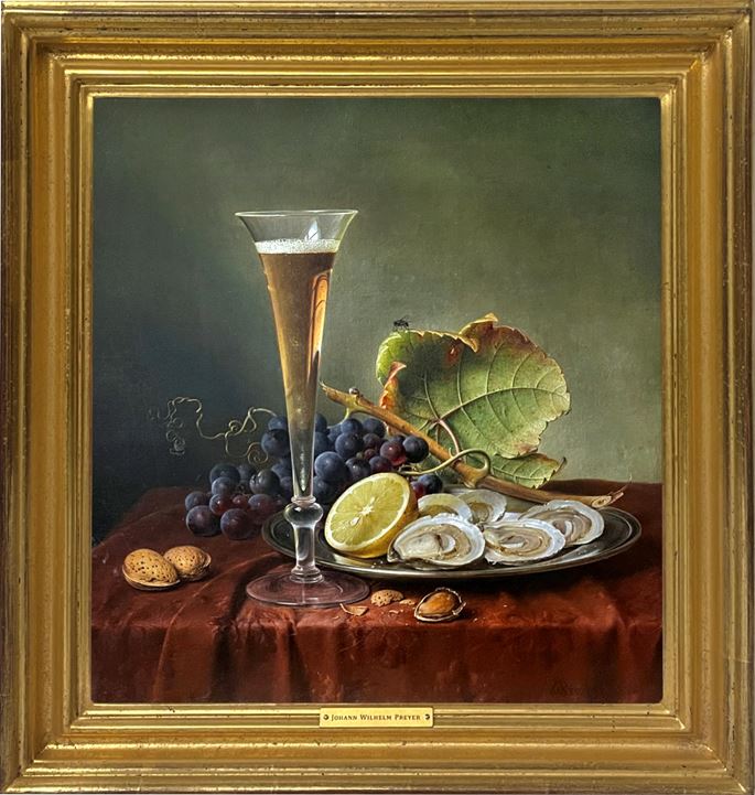Johann Wilhelm Preyer - Still life with almonds, oysters, grapes and a Champagne flute | MasterArt